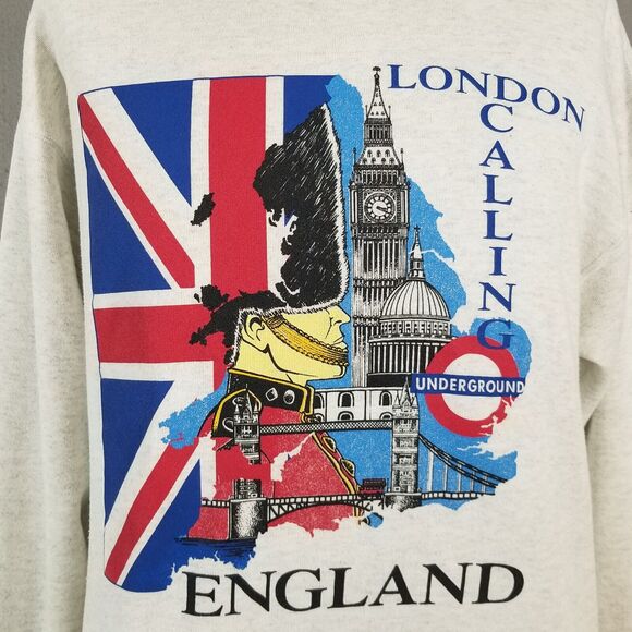 vintage London Calling sweater sweatshirt medium gray long sleeve '80s flawed - Picture 4 of 9
